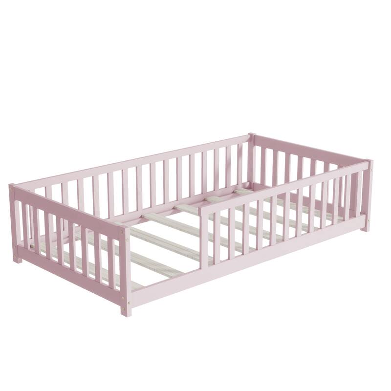Rubber Wood Twin Size Floor Bed with Fence without Door