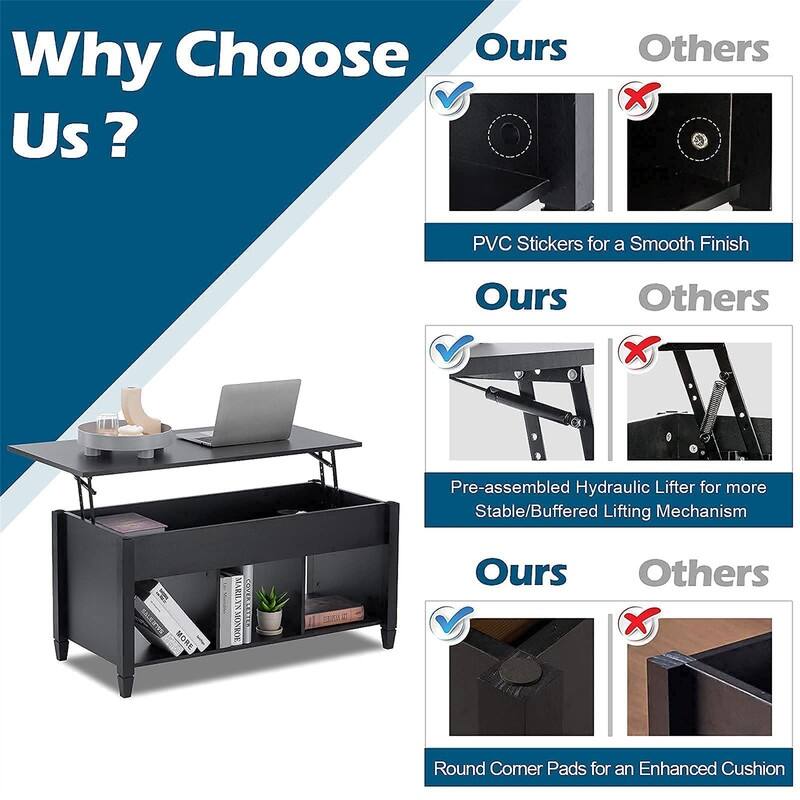 Lift Top Coffee Table with Hidden Compartment - 19.5"D x 40"W x 19.3"H