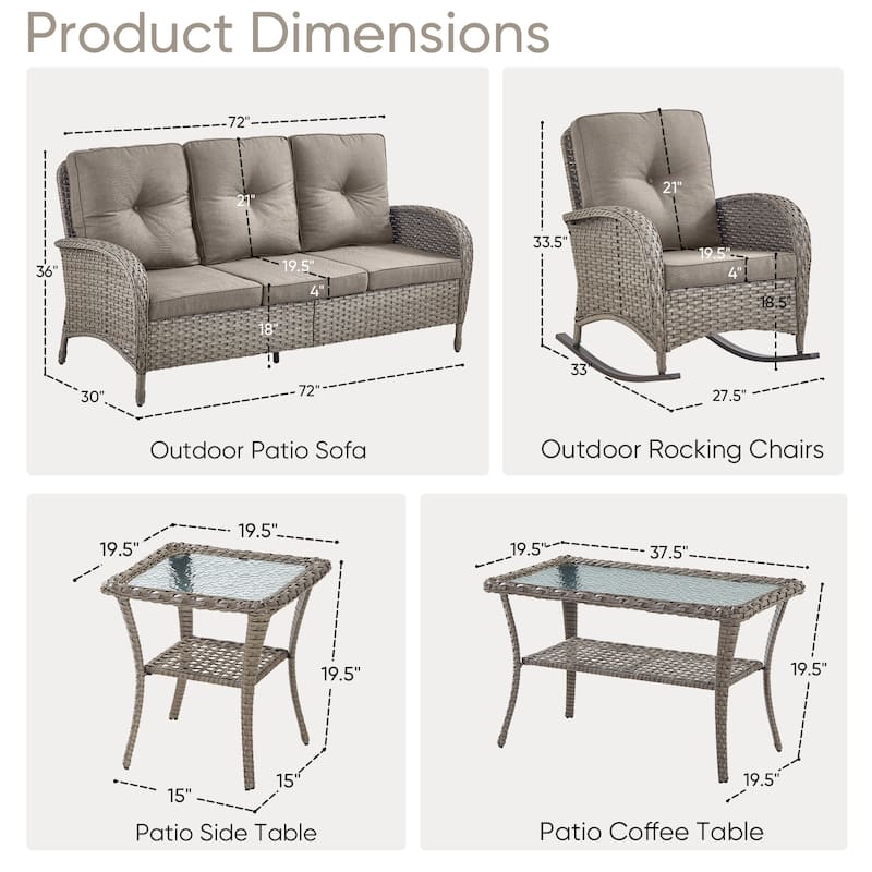 5 Pieces Rocker Chairs Patio Sofa Table Grey-Grey - Grey - Grey - Grey