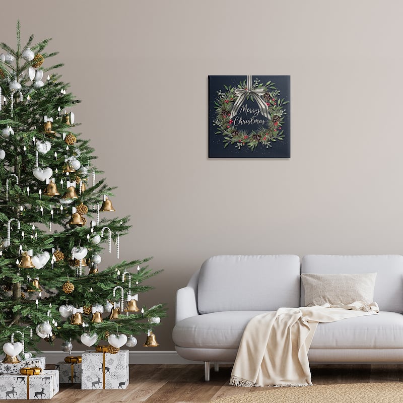 Stupell Hanging Christmas Wreath with Bow Canvas Wall Art Design By Elizabeth Tyndall
