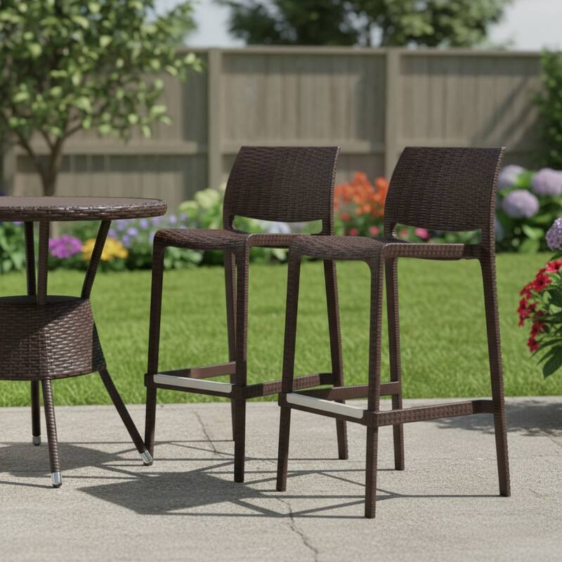 HomeRoots Set of Two 30" Brown Faux Rattan Low Back Outdoor Bar Height Chairs