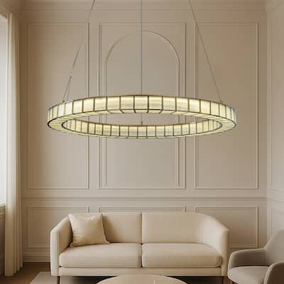 32'' Modern Halo Round Art Glass Integrated Led Chandelier Brass Art Deco Led Ceiling Light For Dining Room Living Room - W32''