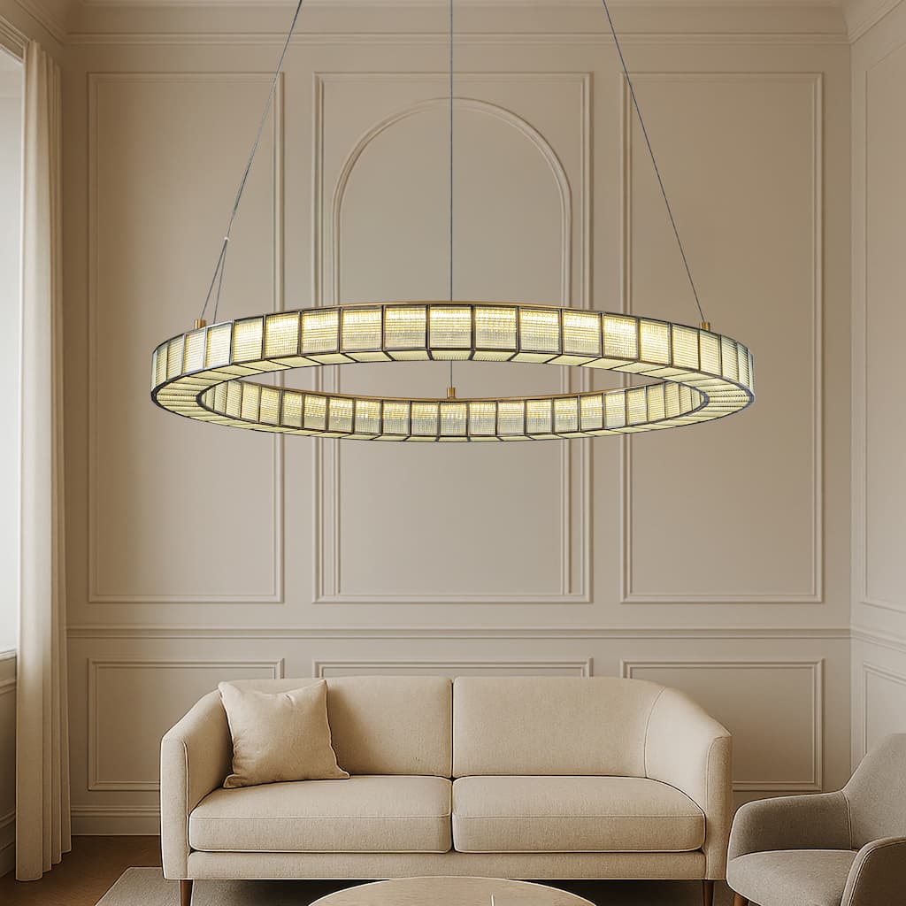 32'' Modern Halo Round Art Glass Integrated Led Chandelier Brass Art Deco Led Ceiling Light For Dining Room Living Room - W32''