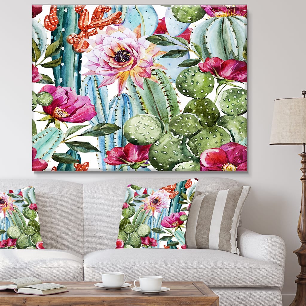 Cactus Pattern Watercolor' Floral Digital Art Canvas Print - Green