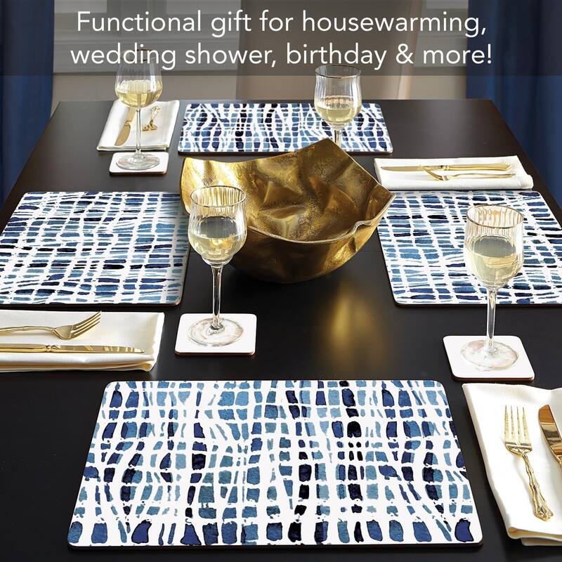 Indigo Wavy Lines Decorative Hardboard Placemats with Protective Cork Backing 4 Pack Heat Tolerant and Easily Wipes Clean