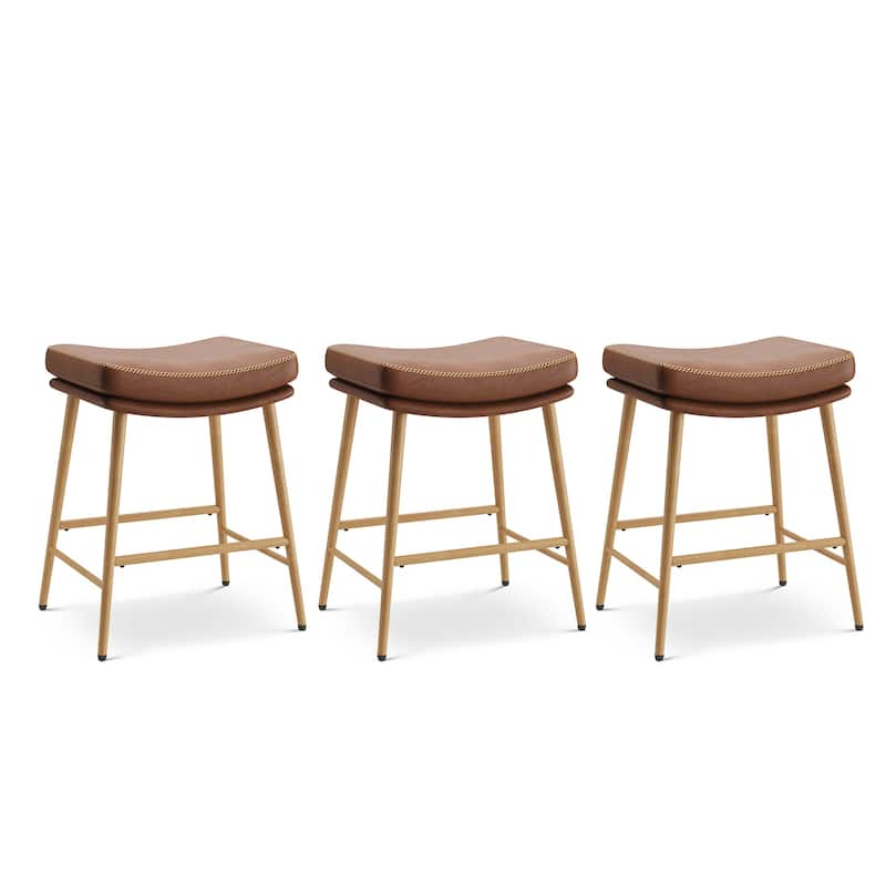 RENEWLINE Metal Bar Stools, 24 Inch Backless Counter Height Stools（Set of 2/3/4/6） with PU Leather Seat & Footrest - Set of 3 - Brown