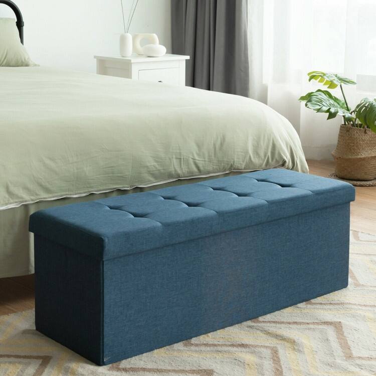 Foldable Storage Ottoman Bench with Divider and Tufted Seat in Oxford Fabric for Living Room Bedroom Entryway