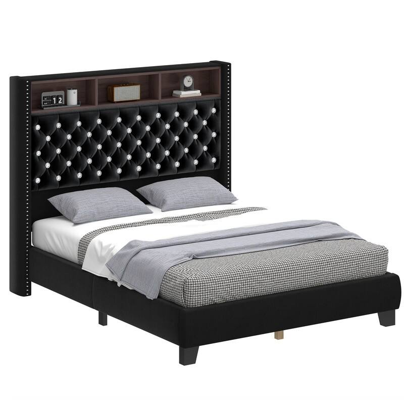 Moasis King/Queen Size Velvet Upholstered Bed Frame with Storage Headboard with USB Charging Stations