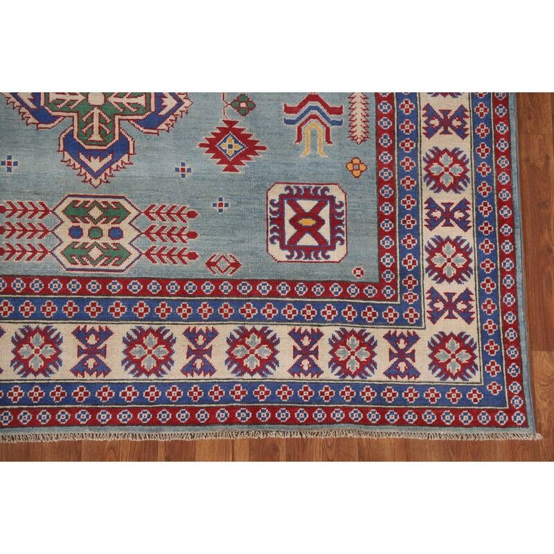 Hand Knotted Oriental 100% Wool Carpet Traditional Geometric Navy Blue & Blues Kazak Area Rug - 9' 8'' X 6' 8''