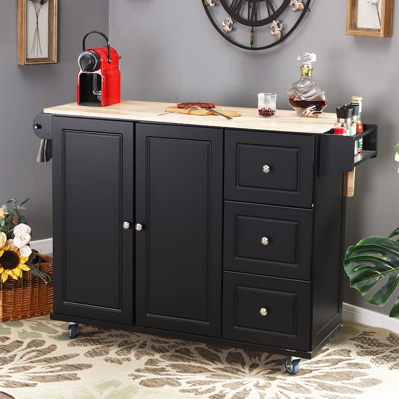 Sophia & William Kitchen Island Cart with Drop-Leaf and Rubber Wood Top, Rolling Kitchen Trolley Cart with Large Storage Cabinet