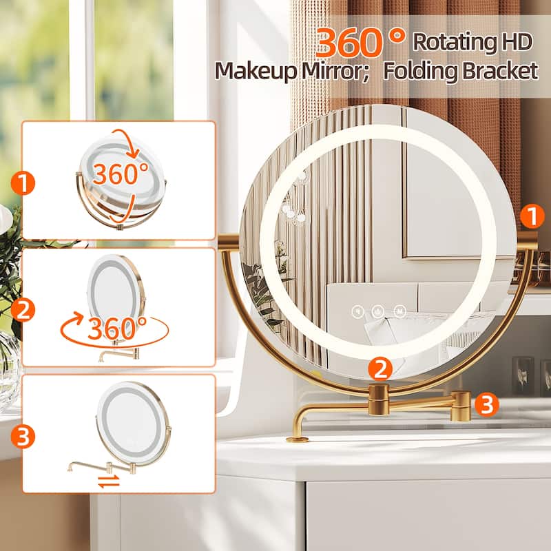Modern Corner Makeup Vanity Desk with LED Light Mirror and Stool