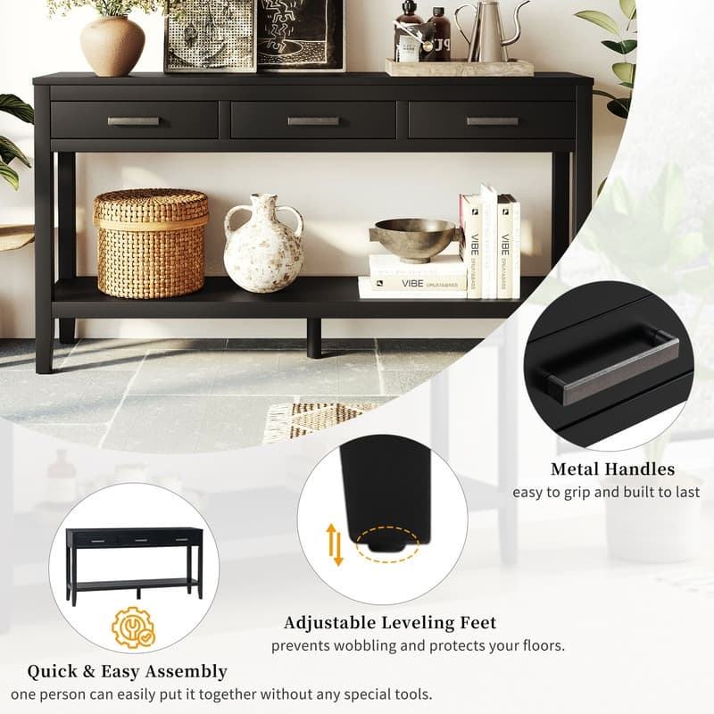 62.2" Modern Farmhouse Console Table with 3 Drawers & Open Shelf