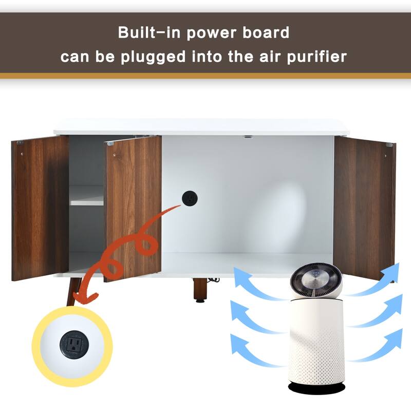 Cat Litter Box with Hidden Plug 3 Doors Bench Side Table Cat House