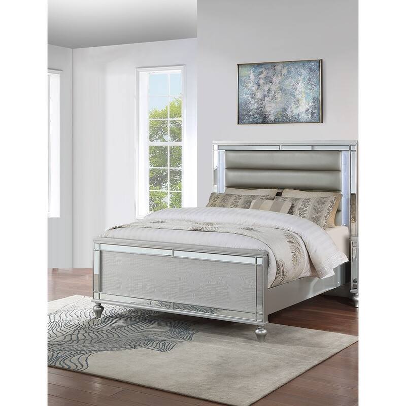 Contemporary Style 3pc Bed 2x Nightstand Set Round Knobs Silver Finish