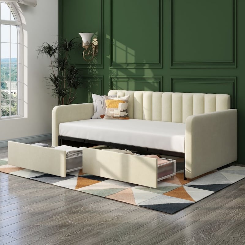 Upholstered Daybed with 2 Drawers, Twin, Ivory Velvet, Ribbed Tufted Backrest