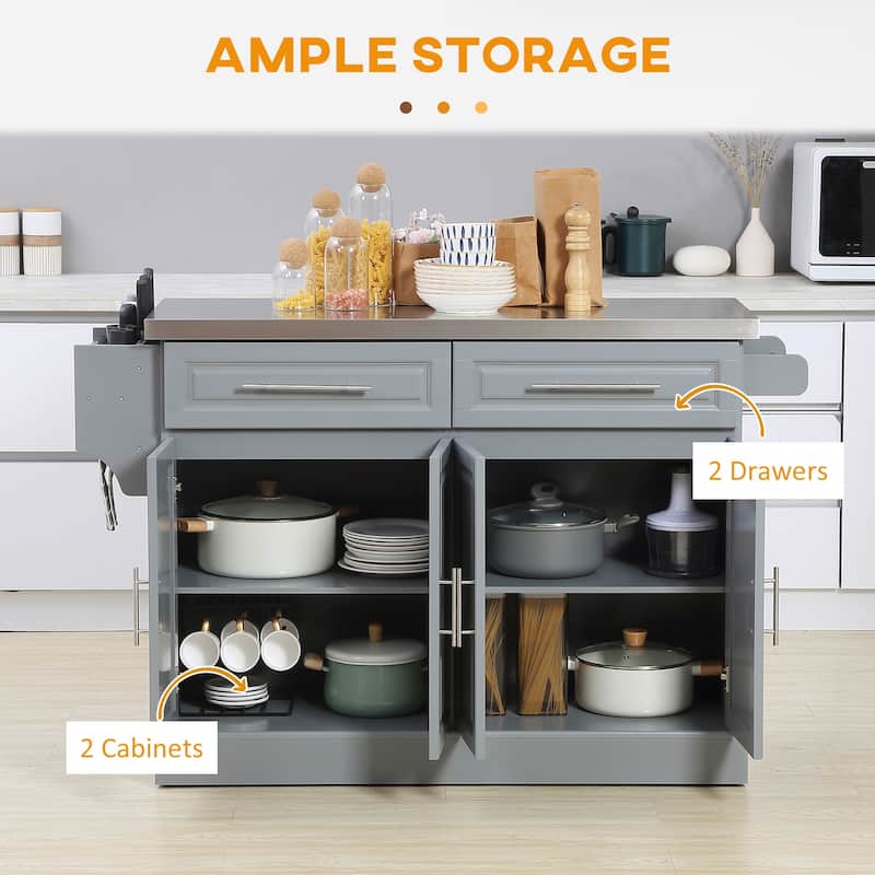 Rolling Kitchen Island on Wheels with Stainless Steel Top, Portable Kitchen Cart with Spice Rack, Knife Rack and Towel Rack