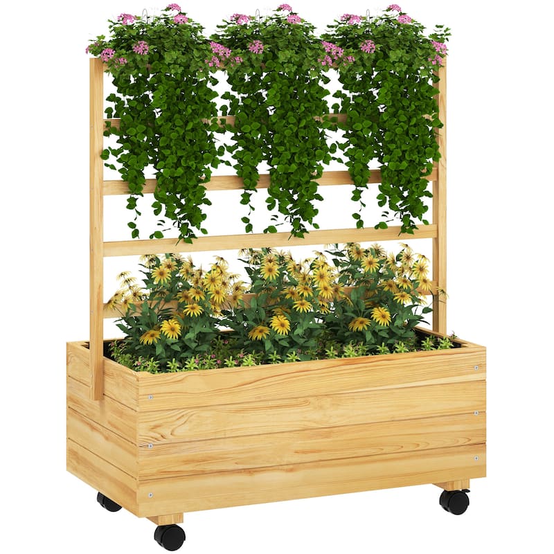 Outsunny Raised Garden Bed with Trellis and Wheels, Outdoor Wooden Elevated Planter Box, Freestanding Raised Flower Bed