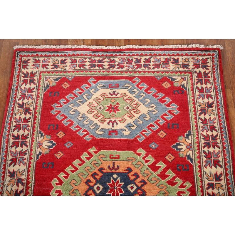 Geometric Kazak Accent Rug Hand-Knotted Red Wool Carpet - 3'4" x 4'7"