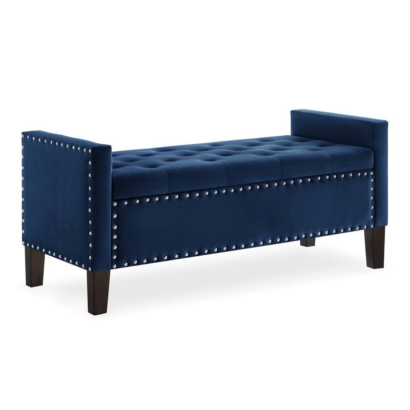 48"L Velvet Storage Bench, End Of Bed Upholstered Tufted Button Storage Bench With Nails Trim - Navy