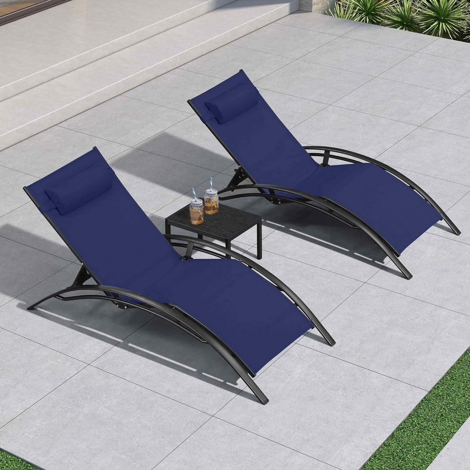 PURPLE LEAF Patio Chaise Lounge Set Outdoor Beach Pool Sunbathing Lawn Lounger Recliner Chair Side Table Included Grey