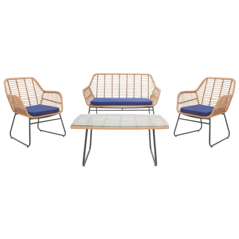 SAFAVIEH Outdoor Valery Rattan 4-Piece Patio Set - 46W x 32D x 32H - Natural/Navy