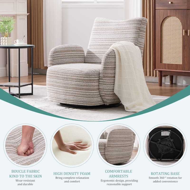 HOMEFUN Boucle Upholstered 360° Swivel Fabric Striped Armrest Leisure Chair for Living room and Bedroom