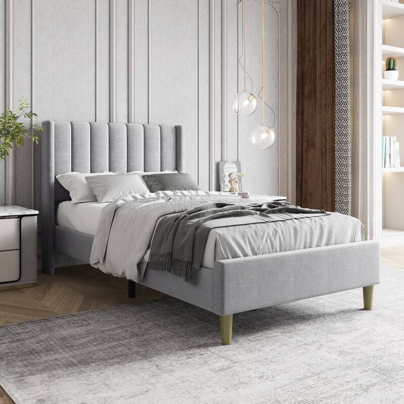 Aufank Bed Frame Upholstered Platform with Wooden Slats, Noise-Free - Light Grey - Twin