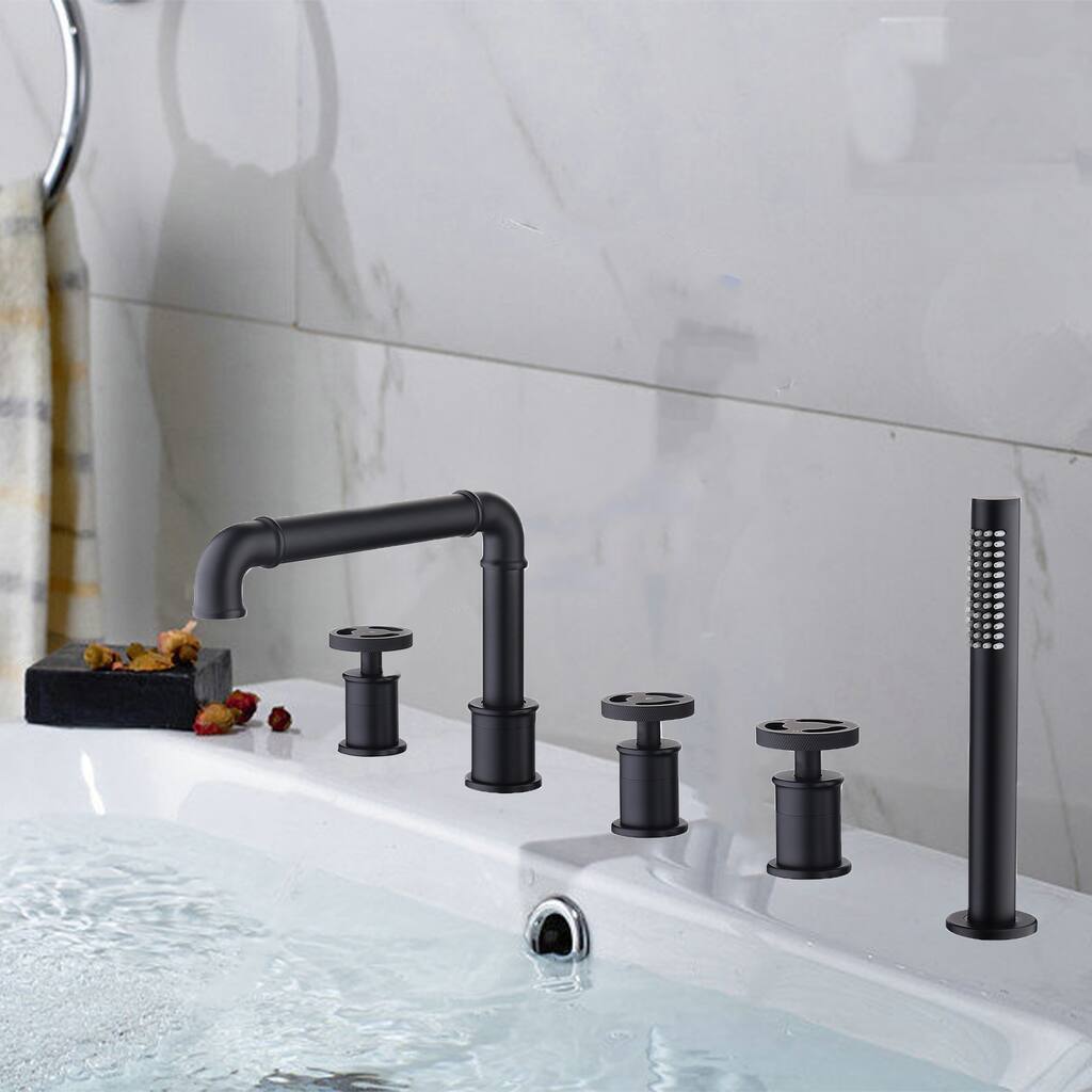 3-Handle Tub Faucet Set with Handheld Shower, Modern Deck Mount Bathtub Faucet Set
