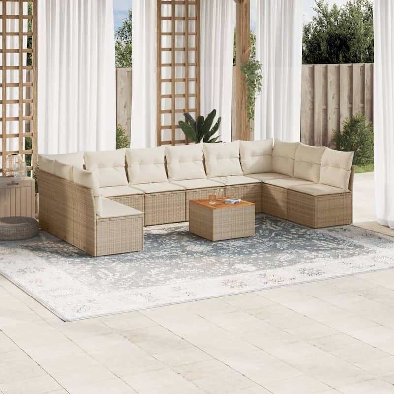 vidaXL Patio Sofa Set with Cushions Outdoor Furniture 11 Piece Poly Rattan - 24.4 x 24.4 x 27.2 - Beige and Cream
