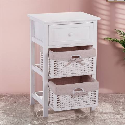 Bedside End Table Organizerwith 3 Tiers Drawer and 2 Baskets