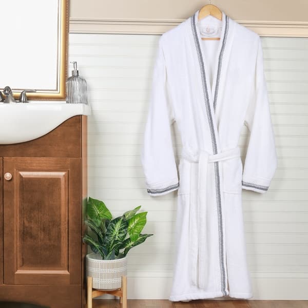 slide 2 of 9, Superior Unisex Turkish Cotton Terry Kimono Bathrobe with Embroidery Robe Extra Large - Grey/White