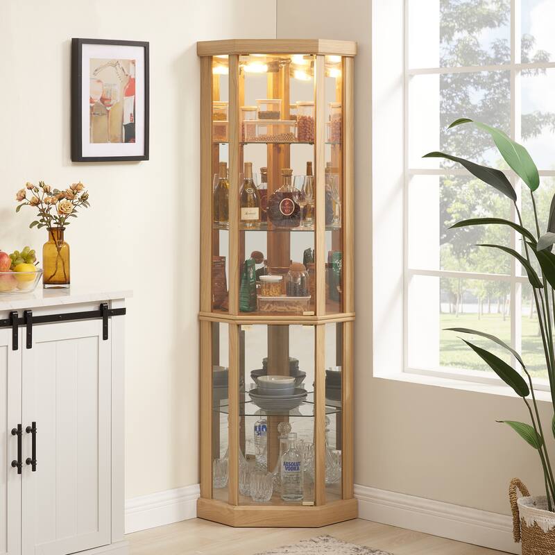 Corner Display Cabinet with Glass Door, Shelves & Light