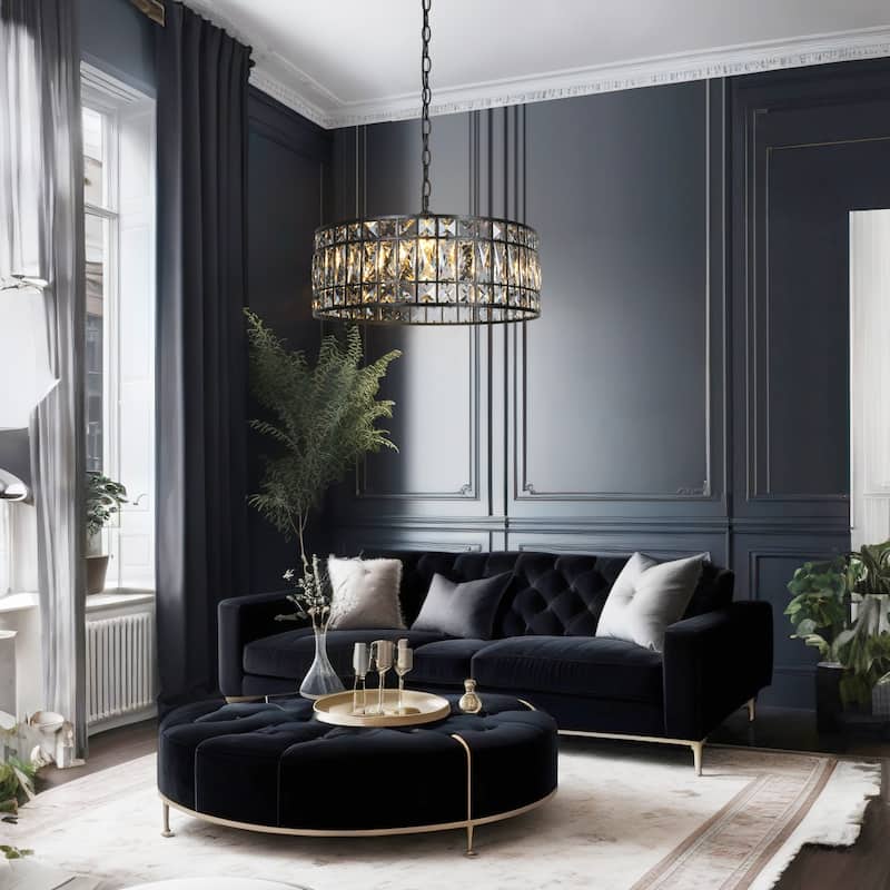 Aulia Modern 3-Light Black Crystal Drum Chandelier for Living Dining Room