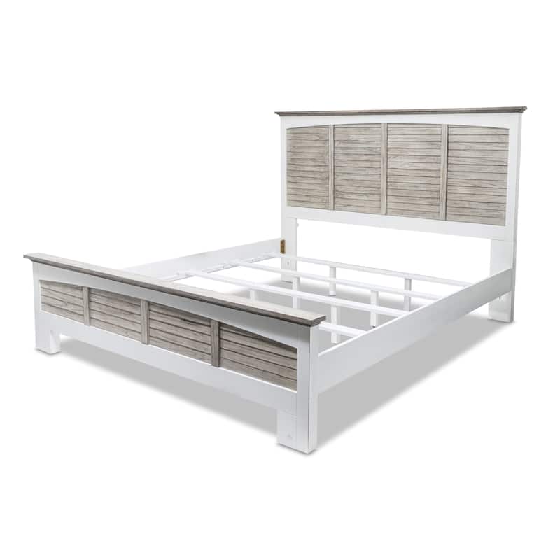 HomeRoots Gray Carved Geometric Distressed Solid Wood King Bed Frame