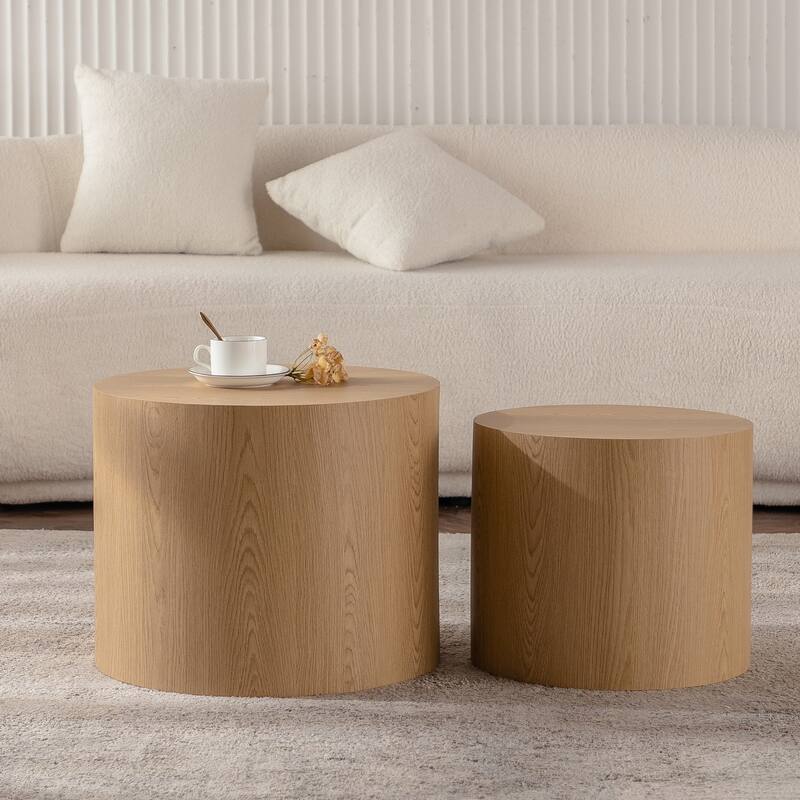 Modern Round Table Circular Coffee Table Nesting Coffee Table 2 Piece Set with Waterproof, Wood Grain, for Living Room Bedroom