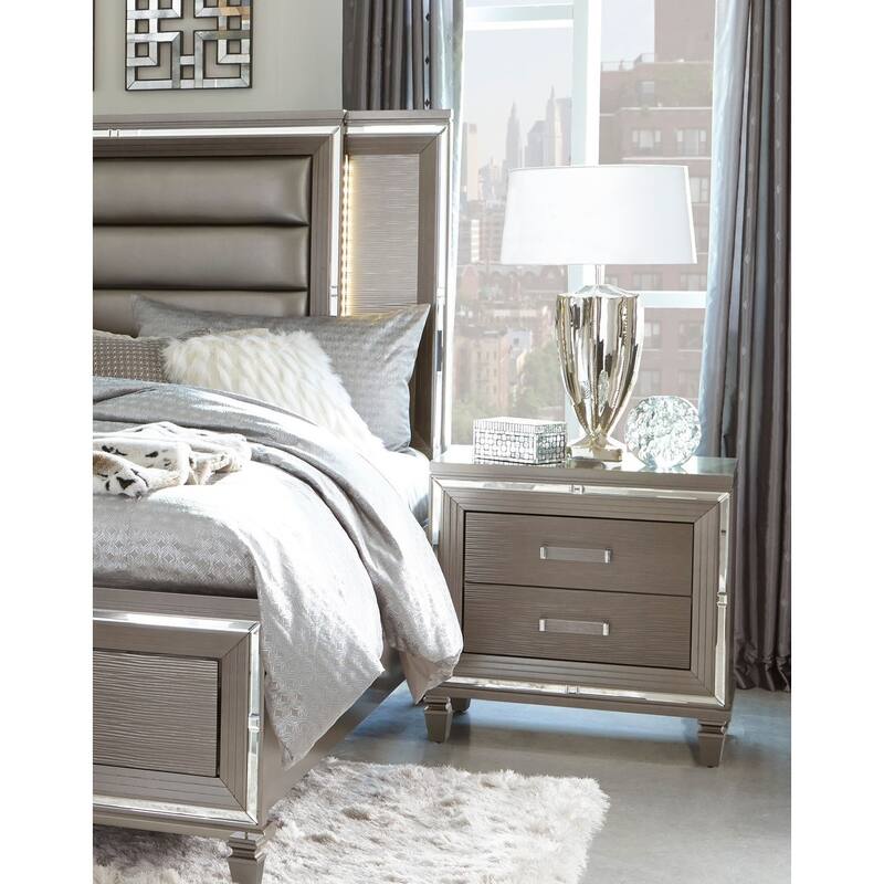Elegant Style Silver-Metallic Nightstand Beveled Mirror Trim Dovetail Drawers Wooden Furniture - Grey
