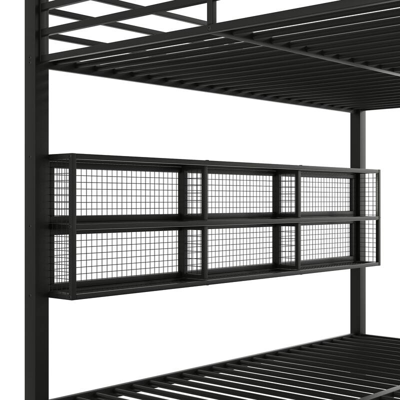 Metal Queen Over Queen Bunk Bed With Storage Cabinets And LED