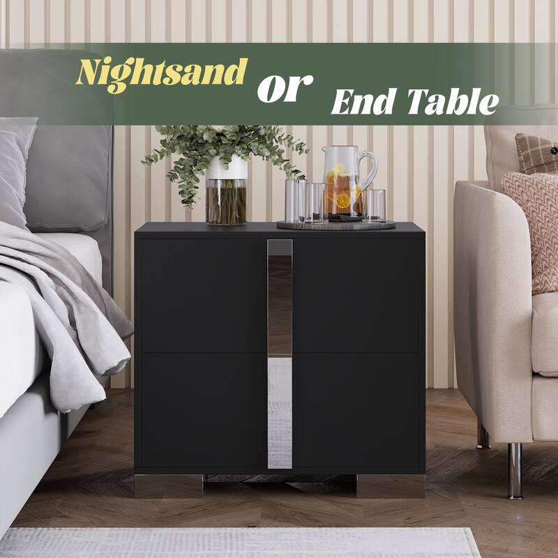 Modern End Table with Drawers, Elegant Nightstand with Metal Foot,Wood Bedside Table with Mirrored Metal Handles