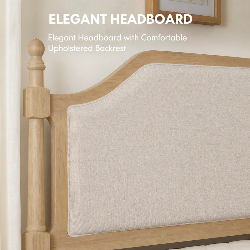 Queen Size Bed Frame With Headboard, Wooden Slat Support, Oak