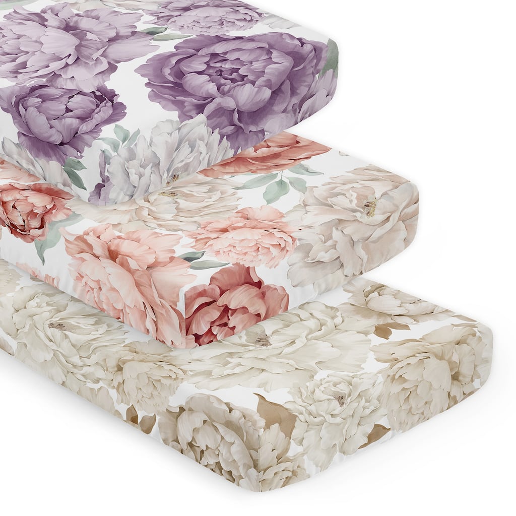 Sweet Jojo Designs Boho Shabby Chic Floral Girl 3 Pack Fitted Crib Sheets - Purple, Pink, Taupe & Ivory Bohemian, Vintage Garden