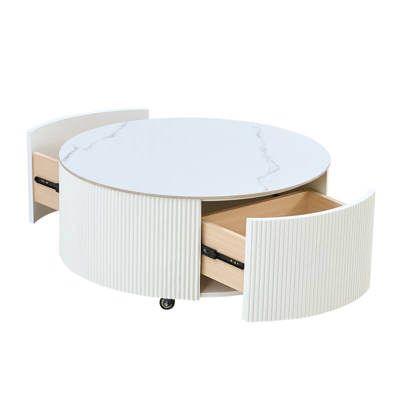 Modern Round Movable Coffee Table with Casters, 2 Drawers, Marble Pattern Sintered Stone Top, 29.5"