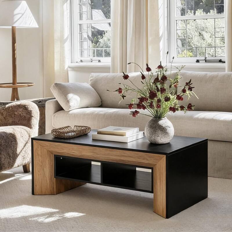 Coffee Table with 2-Tier Storage, Rectangular Wood Center Table for Home Living Room