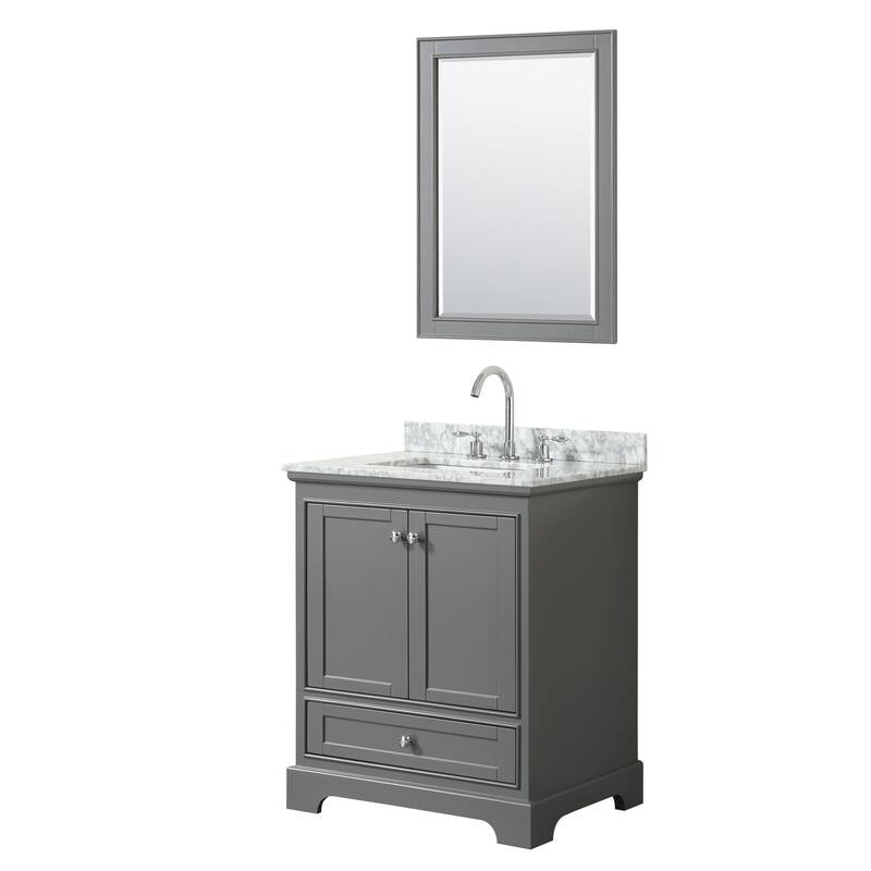 Deborah 30-inch Dark Gray Single Vanity, Square Sink, 24-inch Mirror - Dark Gray, Chrome, White Carrara Marble Top