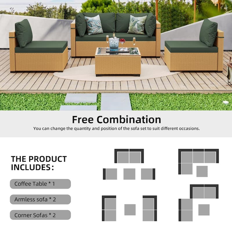 Patio Watcher 5-Pieces Yellow Rattan Conversation Set with Cusions for Outdoors