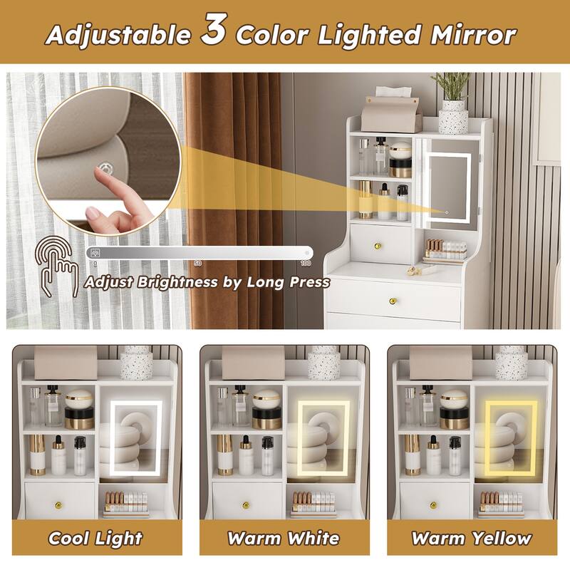 3-in-1 Dressing Table with LED Mirror & Storage Stool - Compact Makeup Vanity with 4 Drawers, Storage Cabinet & Hidden Stool