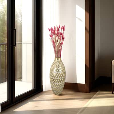 Accent Vase, Gold Resin Urn Shape, Lined Pattern in White, 28 Inch