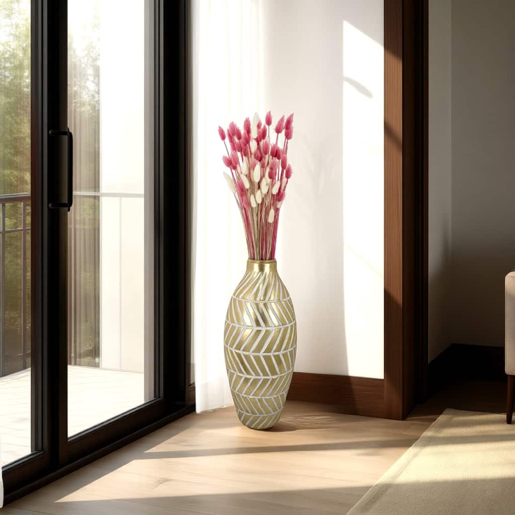 Accent Vase, Gold Resin Urn Shape, Lined Pattern in White, 28 Inch
