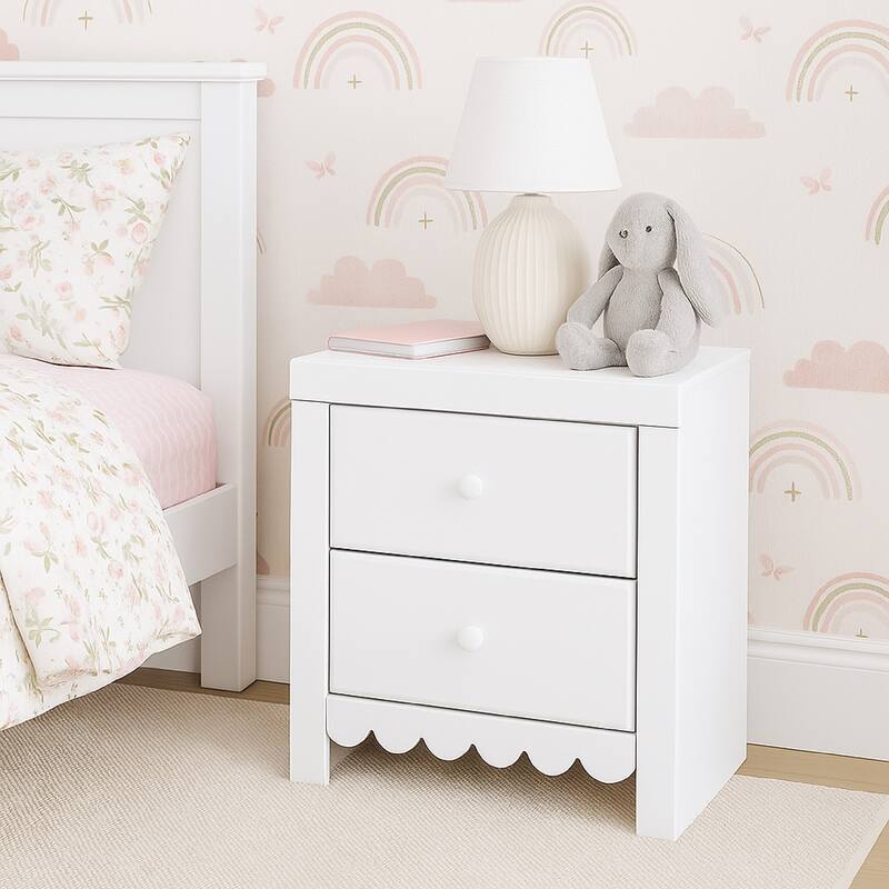 Molv Nightstand, 2 Drawers w 2 USB Ports, Retro Laminate Matte White