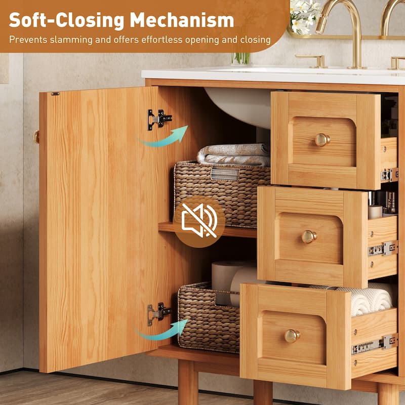 30 Inch Farmhouse Bathroom Vanity with Ceramic Sink, 3 Drawers & Soft-Closing Door