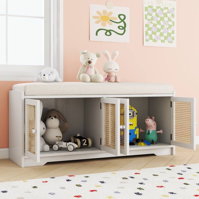 Upholstered Storage Bench with Cabinet Rattan Style Wood Cabinet